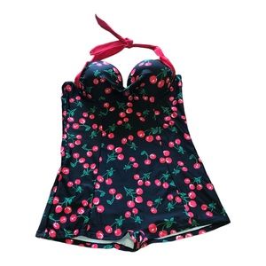 Red Cherries One Piece Halter Boy Cut Short Bottom Swim Bathing Suit Size XXL